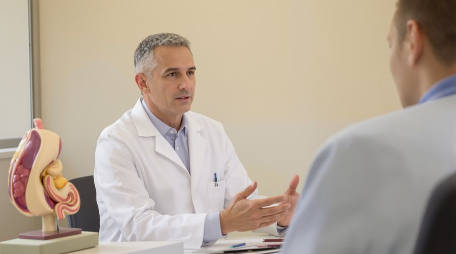 Imagen ilustrativa: consulta médica con modelo anatómico del estómago